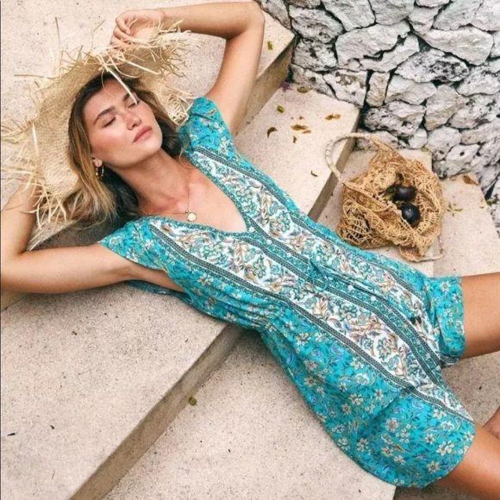 Boho Floral Gypsy Print Short Button Up Dress Blue - Picture 3 of 8